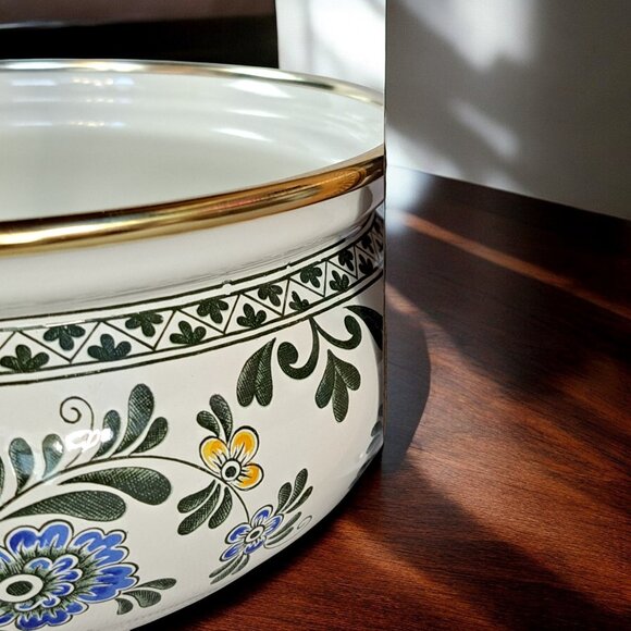 Vintage Asta Enamelware Floral Cookware With Brass Handles Germany with Lid . - Picture 3 of 11